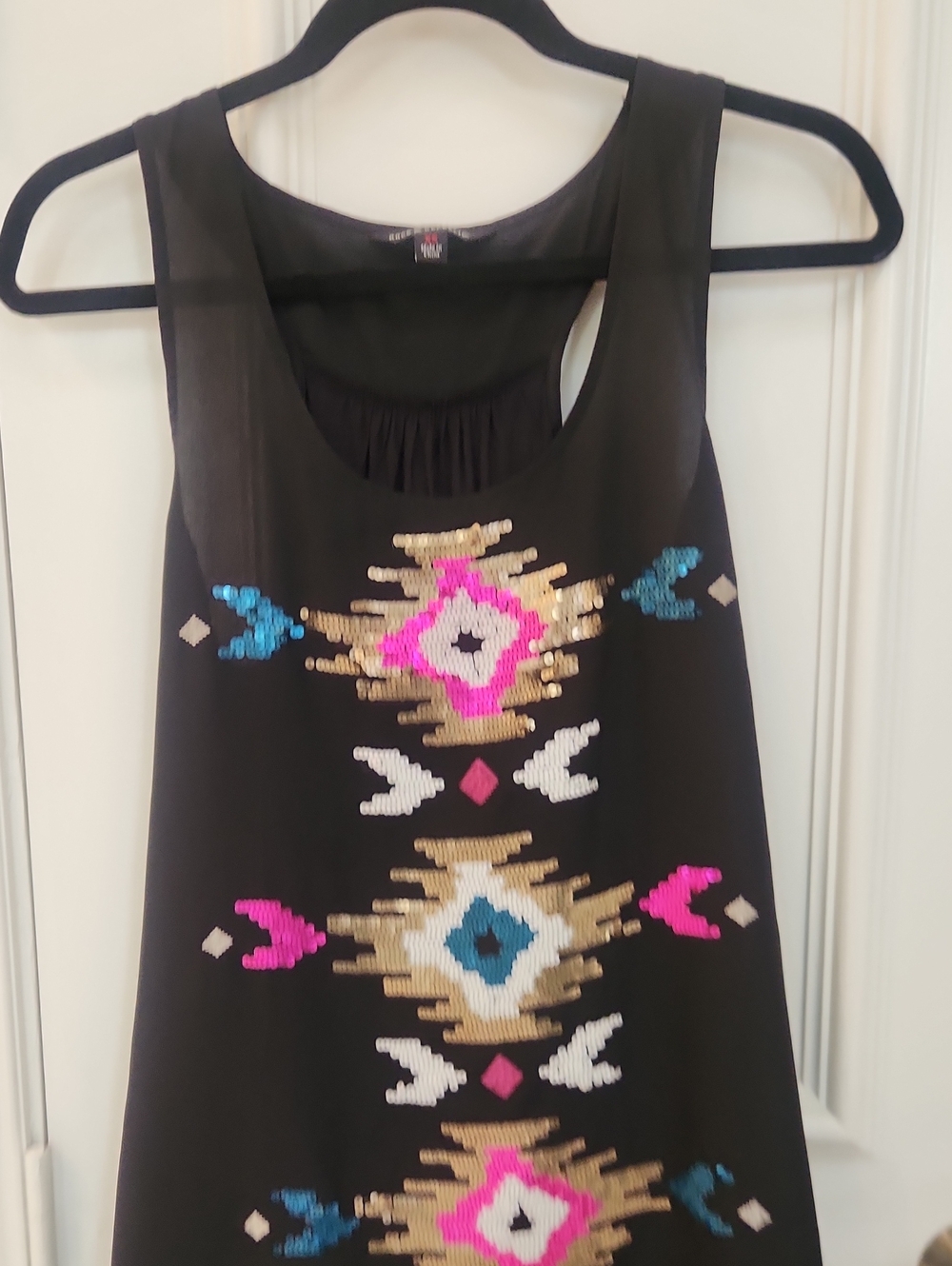 Rock & Republic Black Tank Top with Pink, Blue & Gold Sequin Aztec Motif